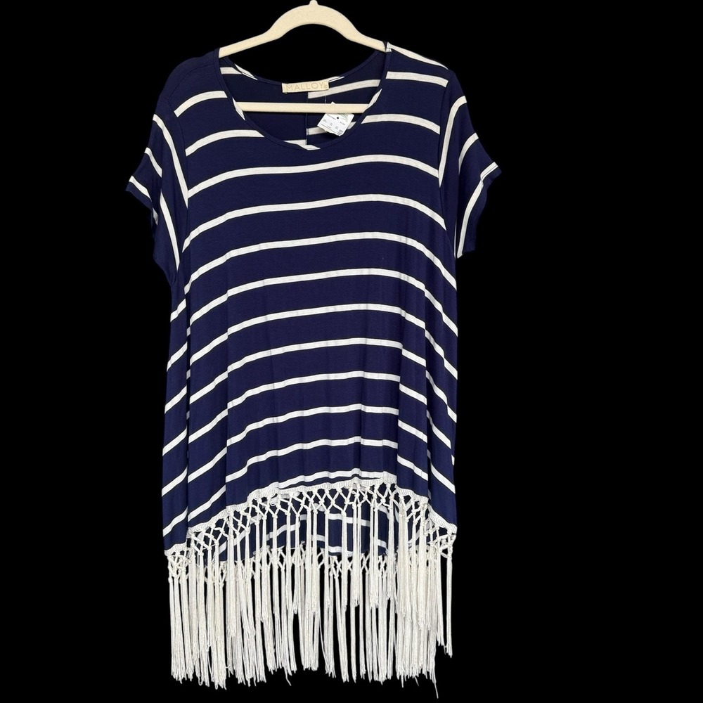 Malloy Shirt Womens XL Navy White Stripe Fringe Tassel Hem Tunic Top Boho
